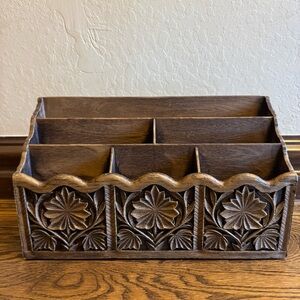 Lerner Faux Wood Carved Desk Organizer Bin Vintage MidCentury Modern